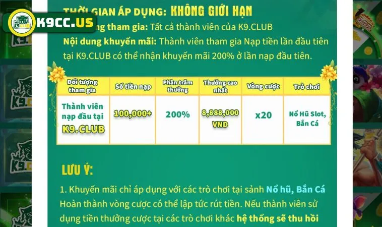 Nội dung khuyến mãi nạp đầu tặng 200% tại K9CC Nội dung khuyến mãi nạp đầu tặng 200% tại K9CC